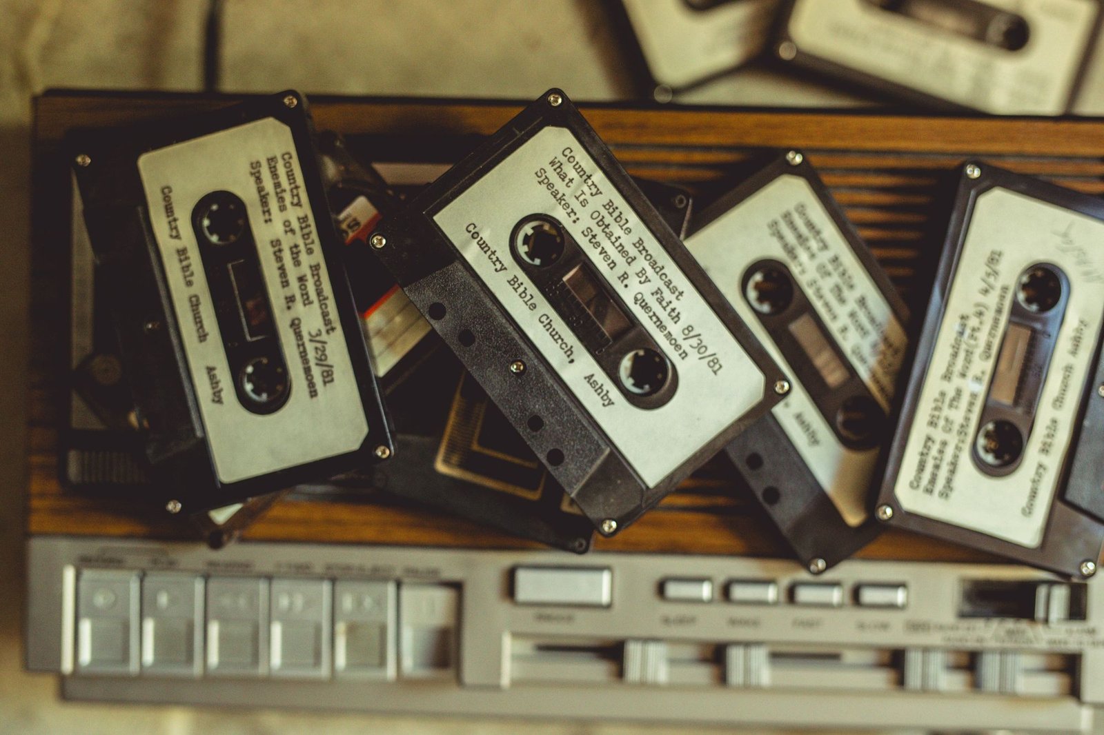 Old cassette tapes on a tape recorder